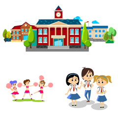 Obraz na płótnie Canvas Back to school concept for banner, Children stand near school building and happy at beginning of the education year, students with backpacks and in uniform entered college vector illustration