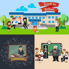 Back to school set of pictographs, childrens life newspaper and library, boys basketball girls cheerleader team, teacher with pupils at class, professor lecture college, building vector illustration