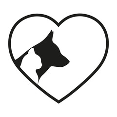silhouettes of a dog and a cat on a background of the heart