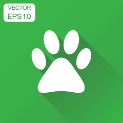 Paw print icon. Business concept dog, cat, bear paw symbol pictogram. Vector illustration on green background with long shadow.