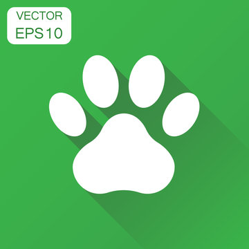 Paw print icon. Business concept dog, cat, bear paw symbol pictogram. Vector illustration on green background with long shadow.