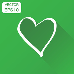 Hand drawn heart icon. Business concept love heart sketch pictogram. Vector illustration on green background with long shadow.