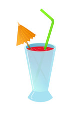 Cold cocktail with umbrella and tube in glass.
