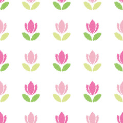 Floral seamless pattern background. Embroidery pink tulips isolated on white.