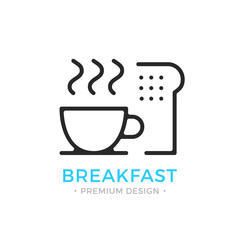 Breakfast icon. Coffee cup and toast. Outline breakfast logo. Sliced bread and cup of coffee. Vector thin line icon