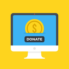 Computer with gold coin and donate button on screen. Make donation. Charity, fund raising, fundraising, donation concepts. Front view. Modern flat design vector illustration