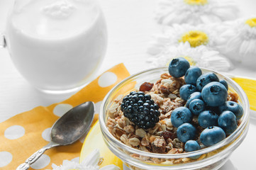 Healthy Breakfast cereals: muesli with fruits and berries blueberries, blackberries and dairy products. Selective focus.
