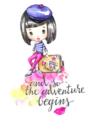 Hand drawn illustration. Watercolor card young girl with travel bag. Calligraphy words . Adventure, vacation. Can be printed on T-shirts, bags, posters, invitations, cards, phone cases.