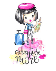 Watercolor illustration young girl with travel bag looking the map. Calligraphy words . Adventure, vacation. Can be printed on T-shirts, bags, posters, invitations, cards, phone cases.
