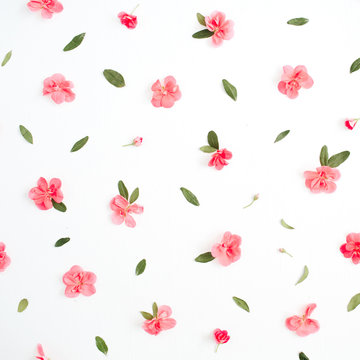 Floral pattern made of pink hydrangea flowers, green leaves, branches on white background. Flat lay, top view. Floral background. Pattern of flowers.