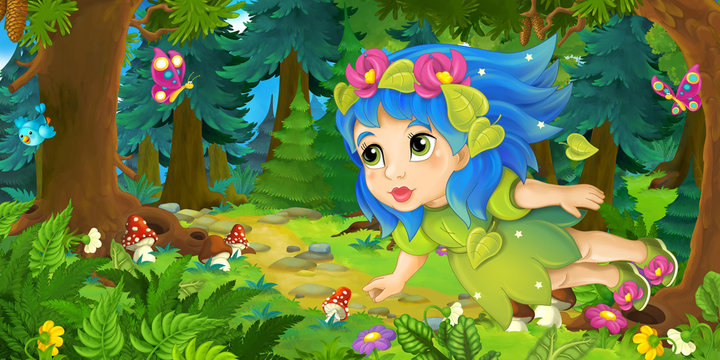 Cartoon background of fairy flying in the forest - illustration for children