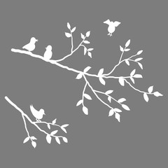 White branch of a tree with birds on a gray background. Vector illustration.