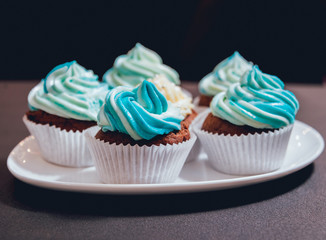 Chocolate caramel cupcake with nuts and butterscotch syrup