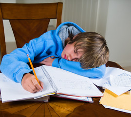 Teenage boy falls asleep while doing homework.