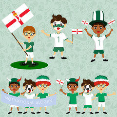 Set of boys with national flags of Northern Ireland. Blanks for the day of the flag, independence, nation day and other public holidays.The guys in sports form with the attributes of the football team