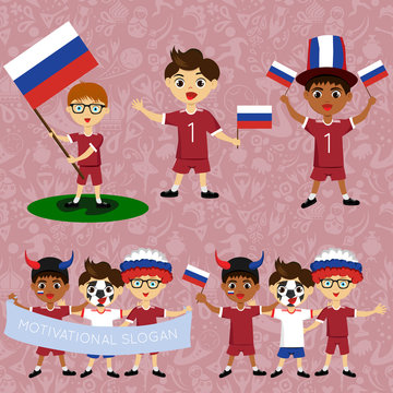 Set of boys with national flags of Russia. Blanks for the day of the flag, independence, nation day and other public holidays. The guys in sports form with the attributes of the football team