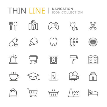 Collection of navigation thin line icons