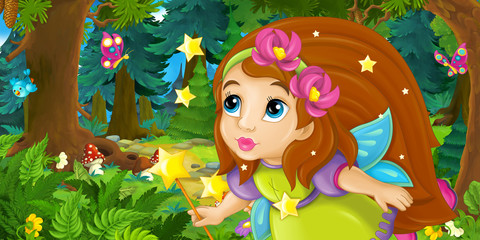 Naklejka premium Cartoon background of fairy flying in the forest - illustration for children