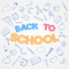 Back to school - design of poster with cute doodles. Vector.