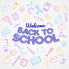 Back to school - design of poster with cute doodles. Vector.