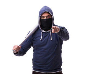 Young man hooligan with baseball bat isolated on white