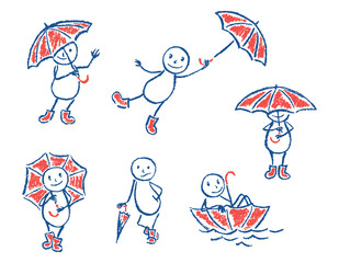 Set of crayon like kid`s hand drawn funny doodle man and umbrella. Vector cartoon pastel chalk or pencil comic characters. Playing persons with smiley, laugh, happy. Little boy in autumn rain fall.
