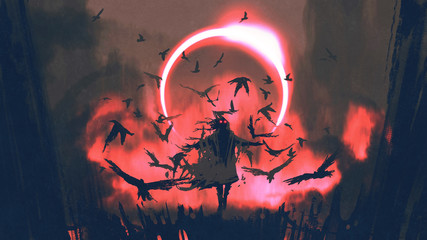 wizard of crows casting a spell in the mysterious field with solar eclipse, digital art style, illustration painting