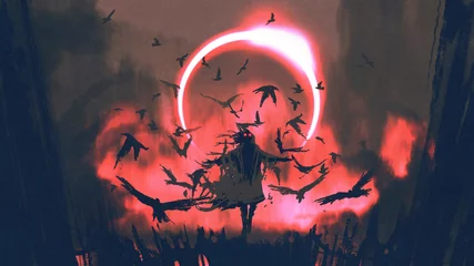 Tafelkleed tovenaar van kraaien die een spreuk uitspreekt in het mysterieuze veld met zonsverduistering, digitale kunststijl, illustratie, schilderkunst © grandfailure