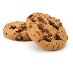 Two Chocolate chip cookies isolated on white background. Sweet biscuits. Homemade pastry.