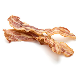 cooked crispy slices of bacon isolated on white background