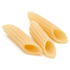 Italian pasta isolated on white background. Pennoni. Penne rigate.