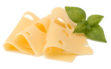Cheese and basil leaves isolated on white background