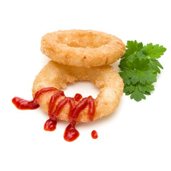 Crispy deep fried onion or Calamari ring with ketchup isolated on white background