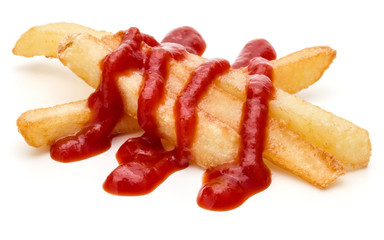 French Fried Potatoes with ketchup isolated on white background