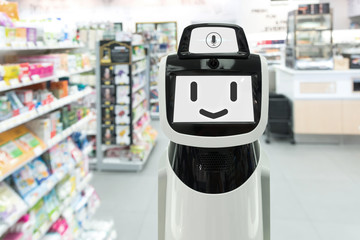 Smart retail , robot assistant , robo advisor  , artificial intelligence , service navigation robot technology in department retail store. Robot smile to customer and wait command to help.