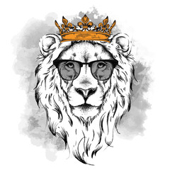 Ethnic hand drawing head of lion wearing crown  in the glasses. It can be used for print, posters, t-shirts. Vector illustration - 169346381