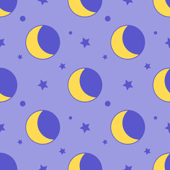Moon seamless pattern child background with stars on purple Flat design Vector Illustration