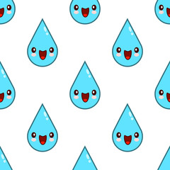 Cute Cartoon water drop characters Seamless Pattern on white background Flat design Vector Illustration