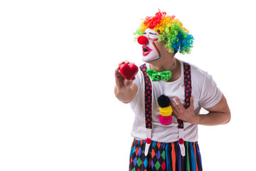 Funny clown with a heart isolated on white background 