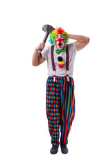 Funny clown with a hammer isolated on white background