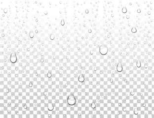 Realistic pure water drops on isolated background. Clean water drop condensation. Steam shower condensation on vertical surface. Vector illustration. - obrazy, fototapety, plakaty