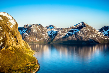 Natural beauty Fjord mountain midnight sun