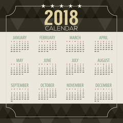 2018 Dark Geometric Pattern Printable Calendar Starts Sunday Vector Illustration