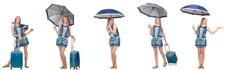 Collage of woman with umbrella and suitcase