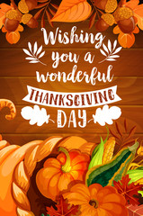 Thanksgiving cornucopia on wood background poster