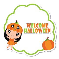 Cute pumpkin girl and pumpkin on green frame vector cartoon illustration for halloween greeting card design, postcard and kid invitation card