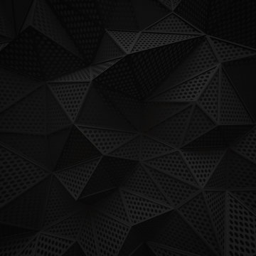 abstract black low poly background hole mesh hexagon pattern 3d render. blank empty backdrop with copy space technology modern future business style concept.