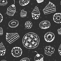 Seamless vector pattern with hand drawn doodle desserts on a blackboard - 169351169