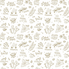 Seamless vector pattern background with hand drawn spices and herbs doodles.