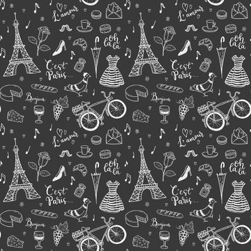 Seamless vector pattern with hand drawn Paris, France symbols doodles.